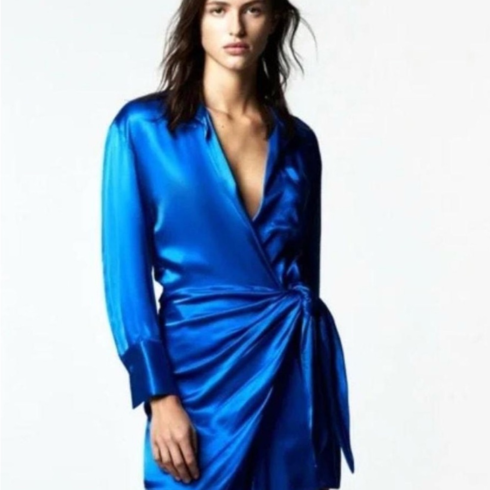 ZARA Blue Satin Mini Wrap Dress